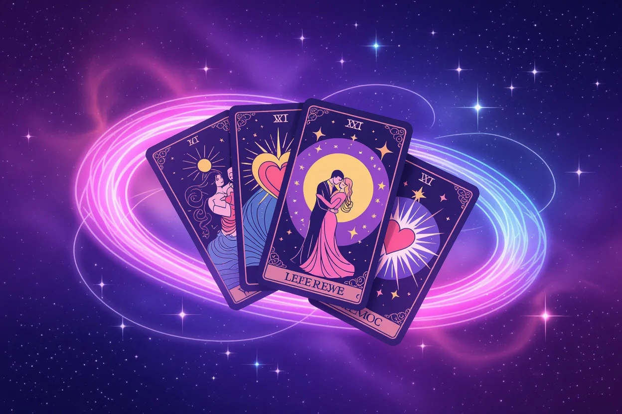 宇宙的な愛の法則を表現したタロットカード、星空と神秘的な光に包まれた恋愛占いのイメージ