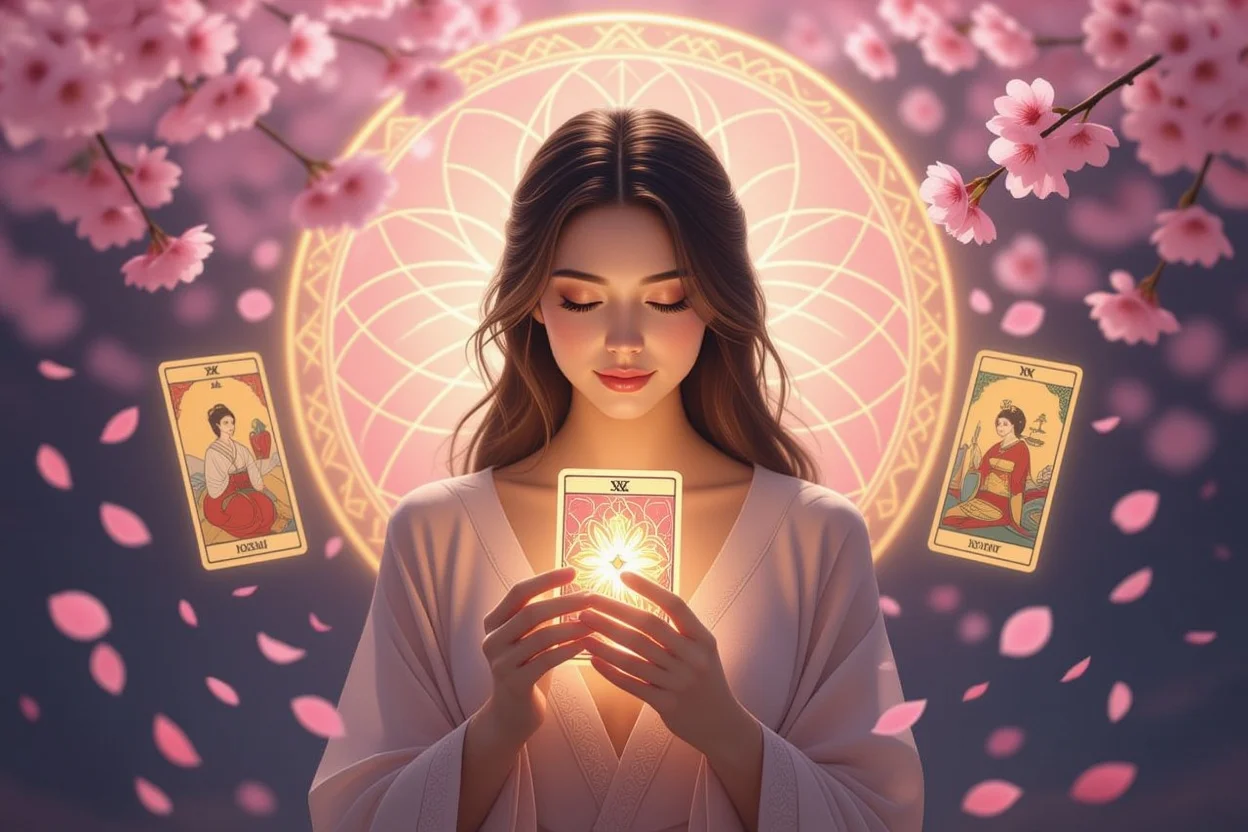 恋愛タロットの力で愛を深める女性、桜の花びらと神秘的なオーラに包まれた瞑想的なシーン