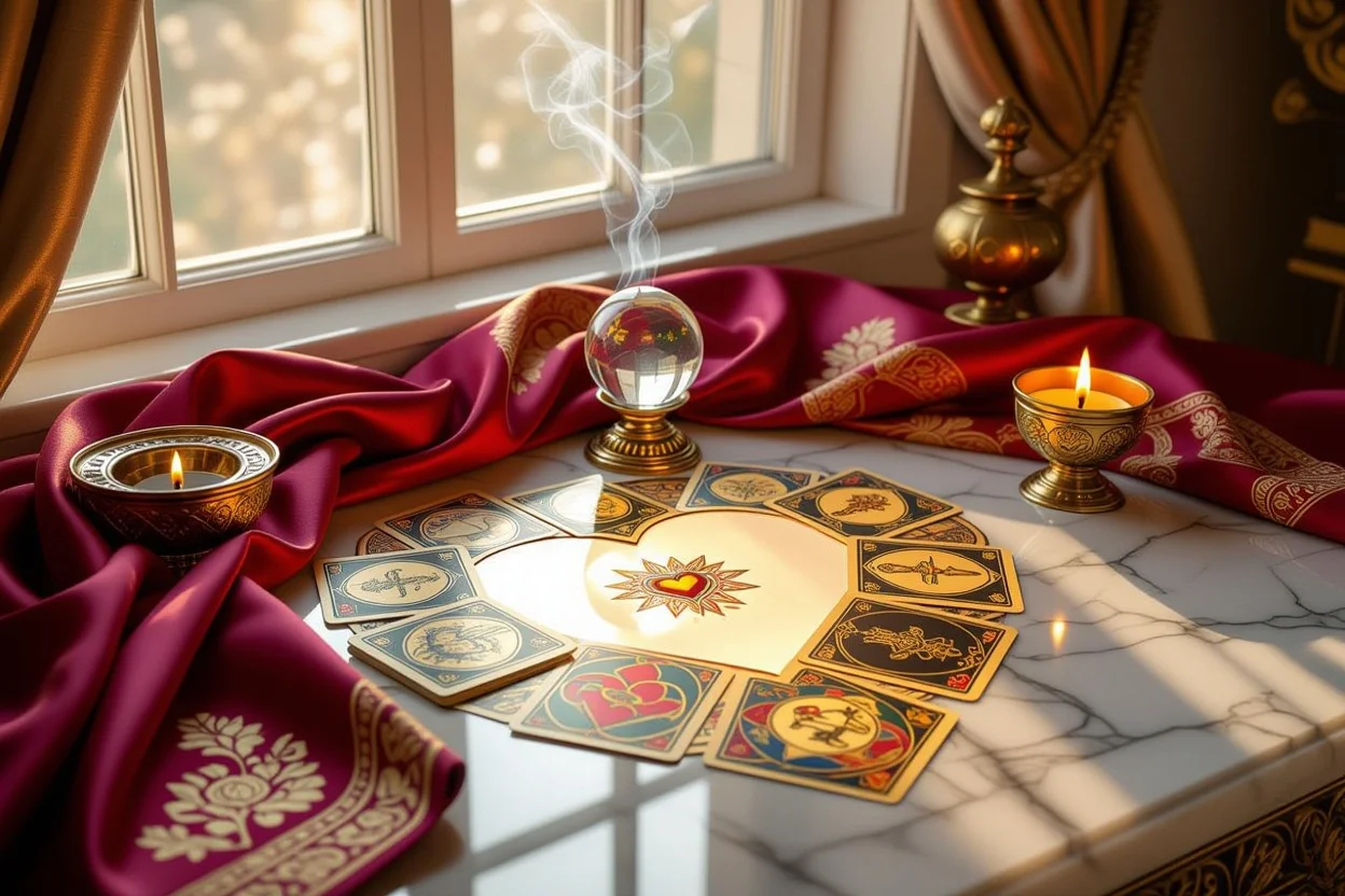 高級感ある恋愛タロット占いのセットアップ、大理石のテーブルに配置されたカードとクリスタル