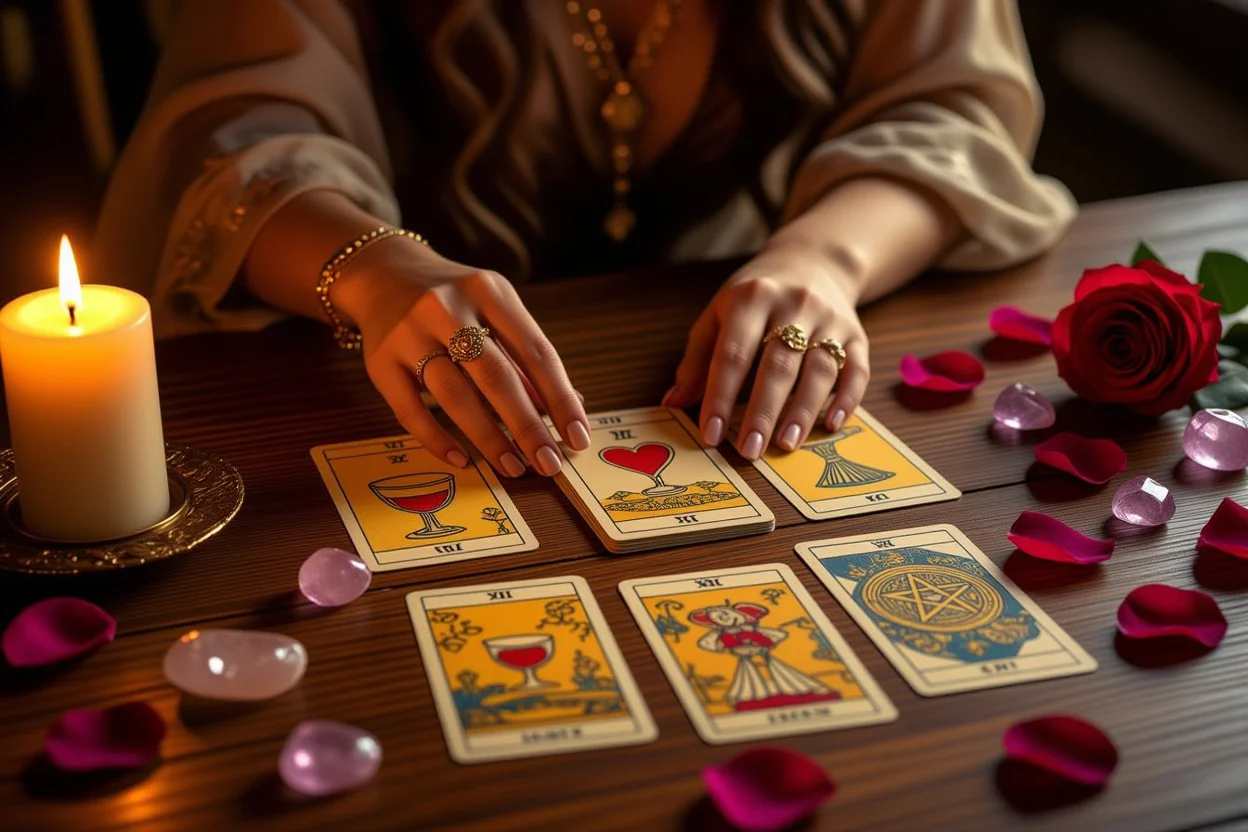 恋愛タロット占いで現実的なアドバイスを得る方法を示すタロットカードリーディングの様子