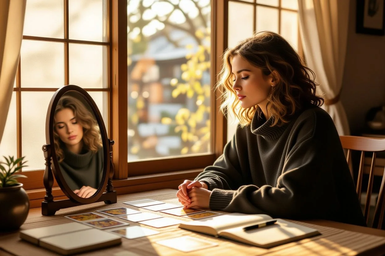 タロット占いで内面と向き合い真の恋愛の幸福を見つけるための自己省察の様子