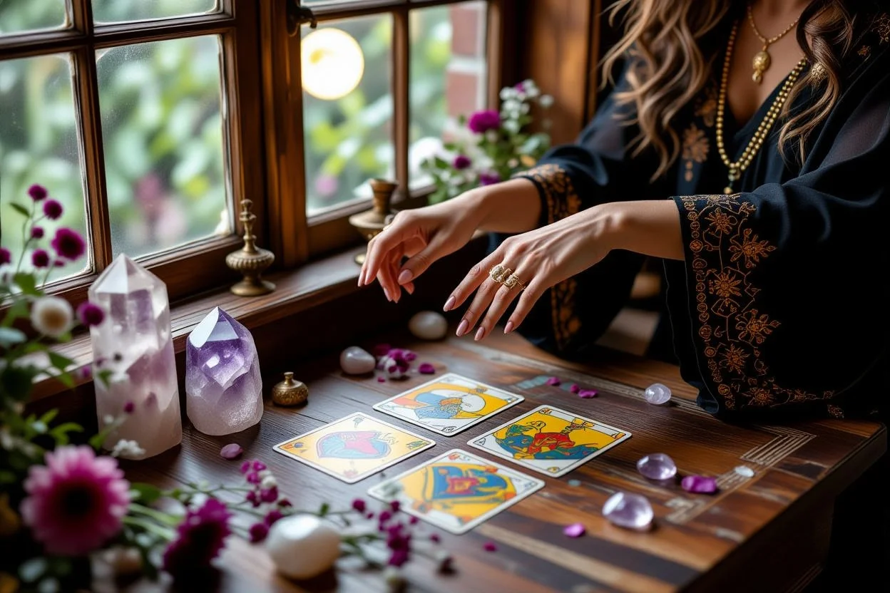 タロット占い師の手と3枚のキーカード、恋愛相談の神秘的な雰囲気