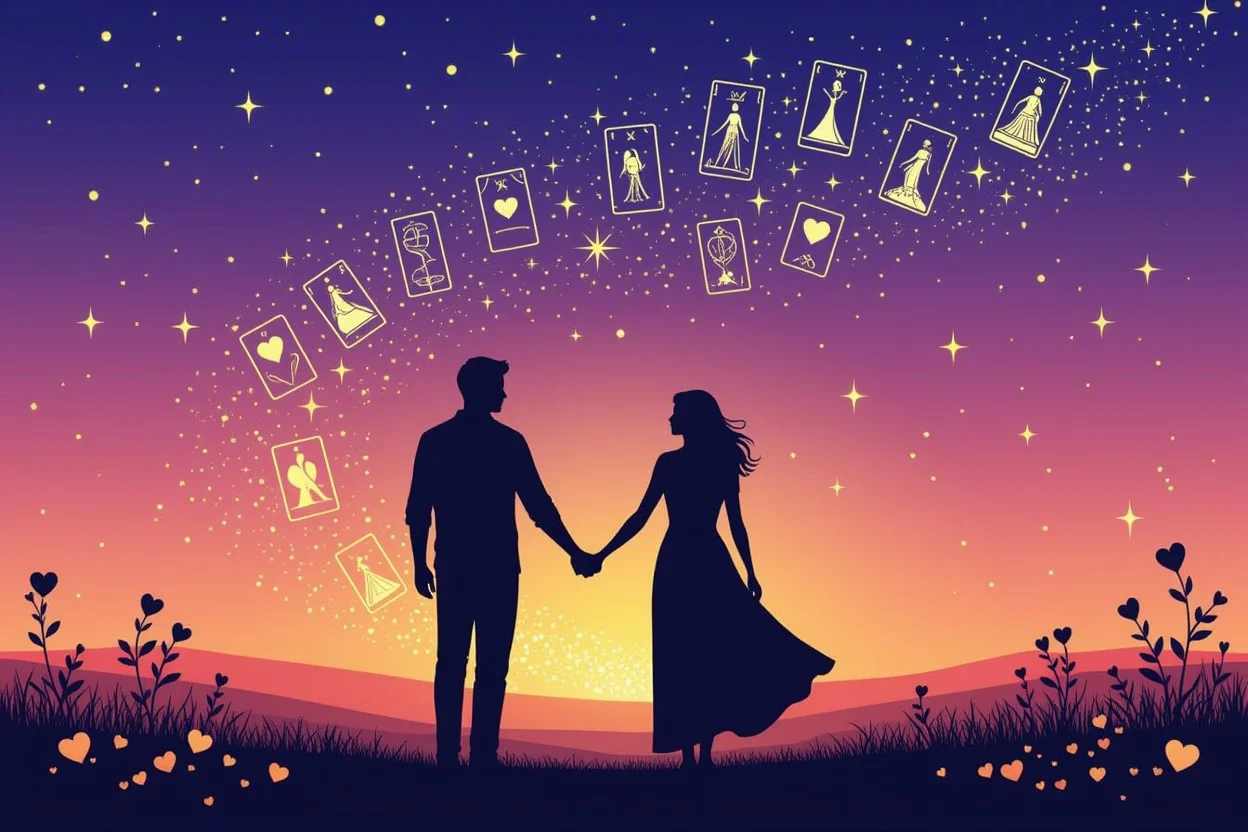 カップルのシルエットとタロットカードが示す恋愛の未来への道筋