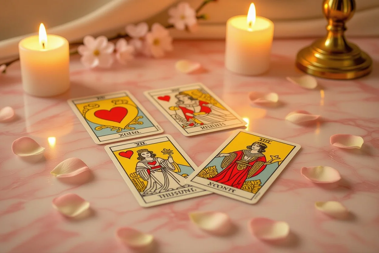 恋愛タロットカードの美しいスプレッド、バラの花びらとキャンドルライトに囲まれた愛の占い