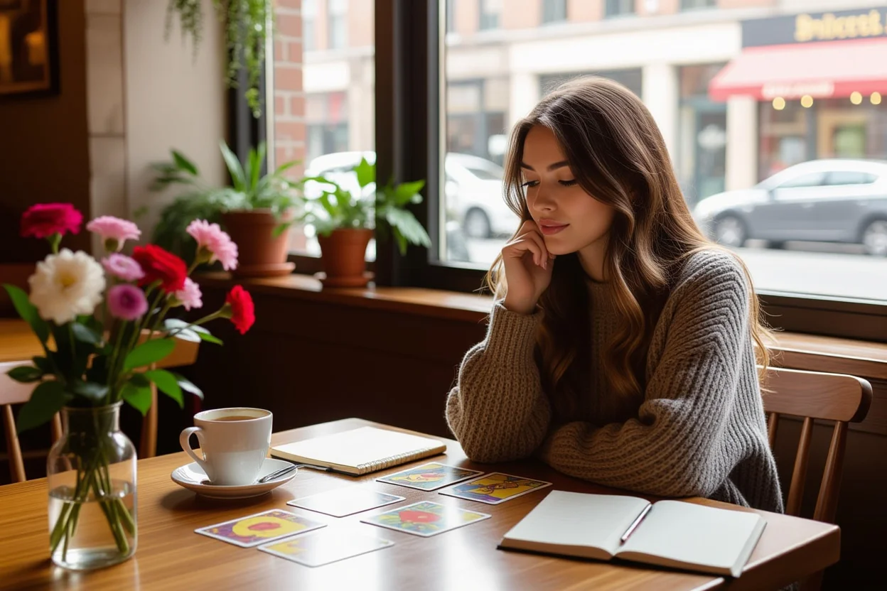 恋愛タロット占いをする現代女性、実践的なアドバイスを求める日常的な風景
