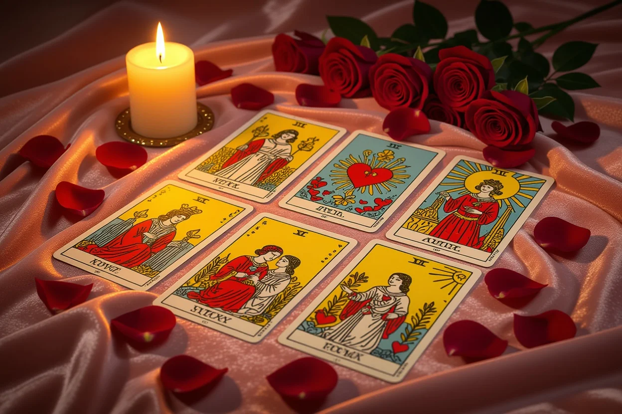 恋愛タロットカードと薔薇の花びら、キャンドルライトで照らされた神秘的な占いの様子