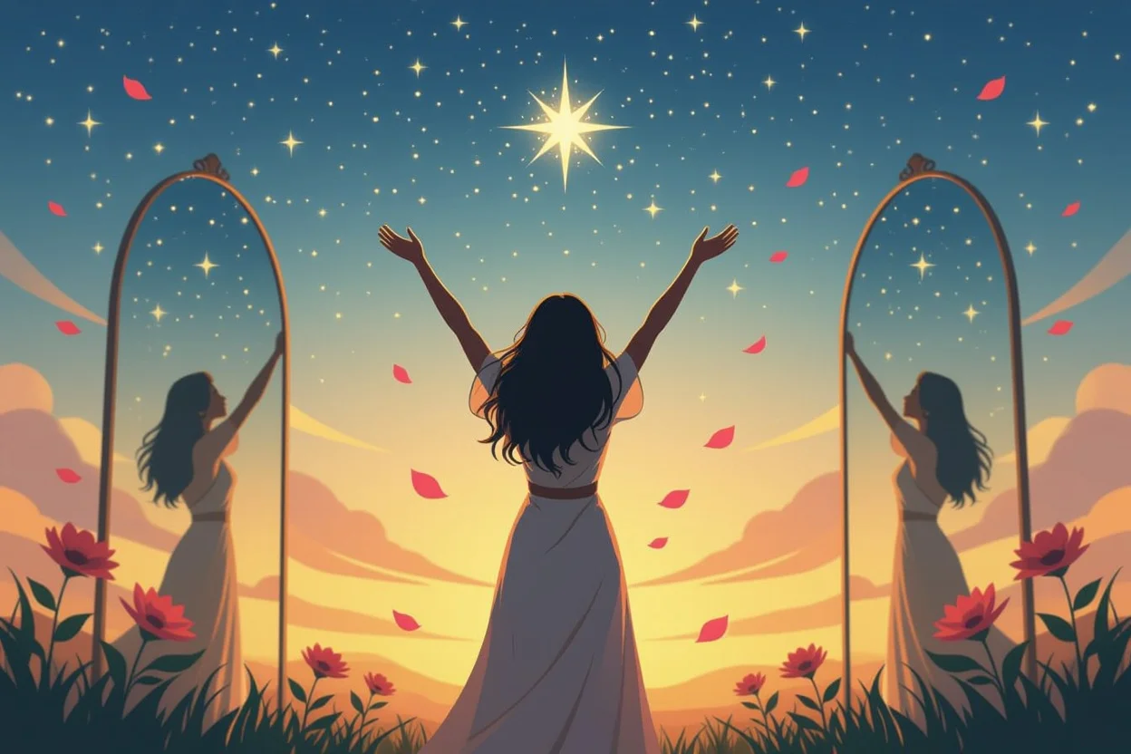 自分らしさを受け入れる女性のシルエット、恋愛における真の自己発見の象徴