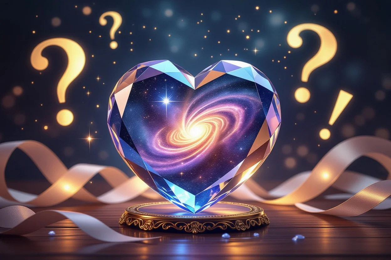 ハート型のクリスタルに込められた恋愛の願望と可能性、タロットによる自己探求のイメージ
